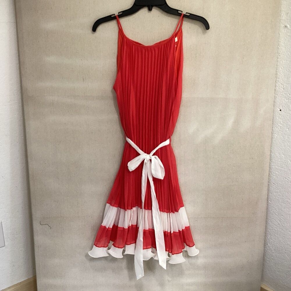 ya los angeles dress sz L accordion fully lined tomato red belted colorblock